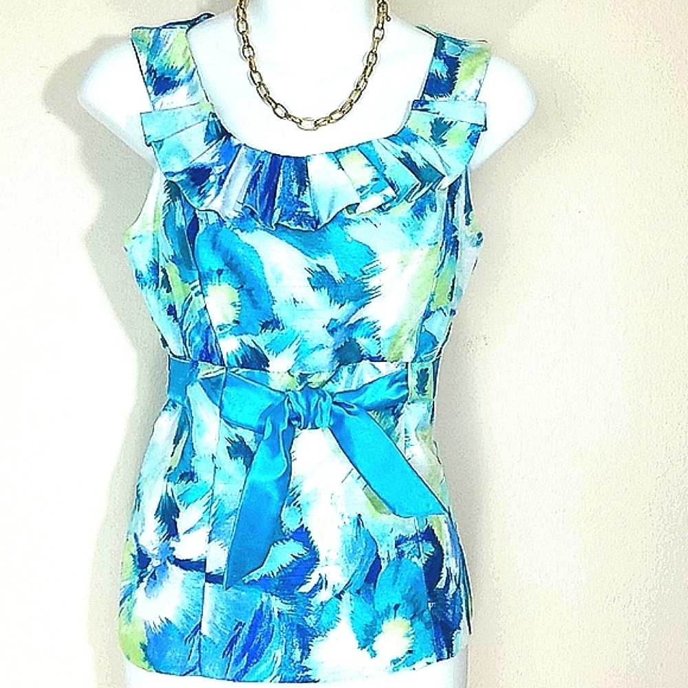 Ruffled Top tank white w blue green floral print lined Zippered Belted boat neck
